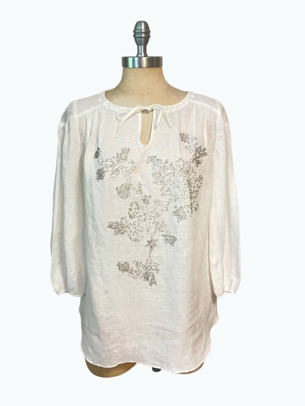 Magaschoni White Linen Designer Tunic Top Beaded front 4 Small